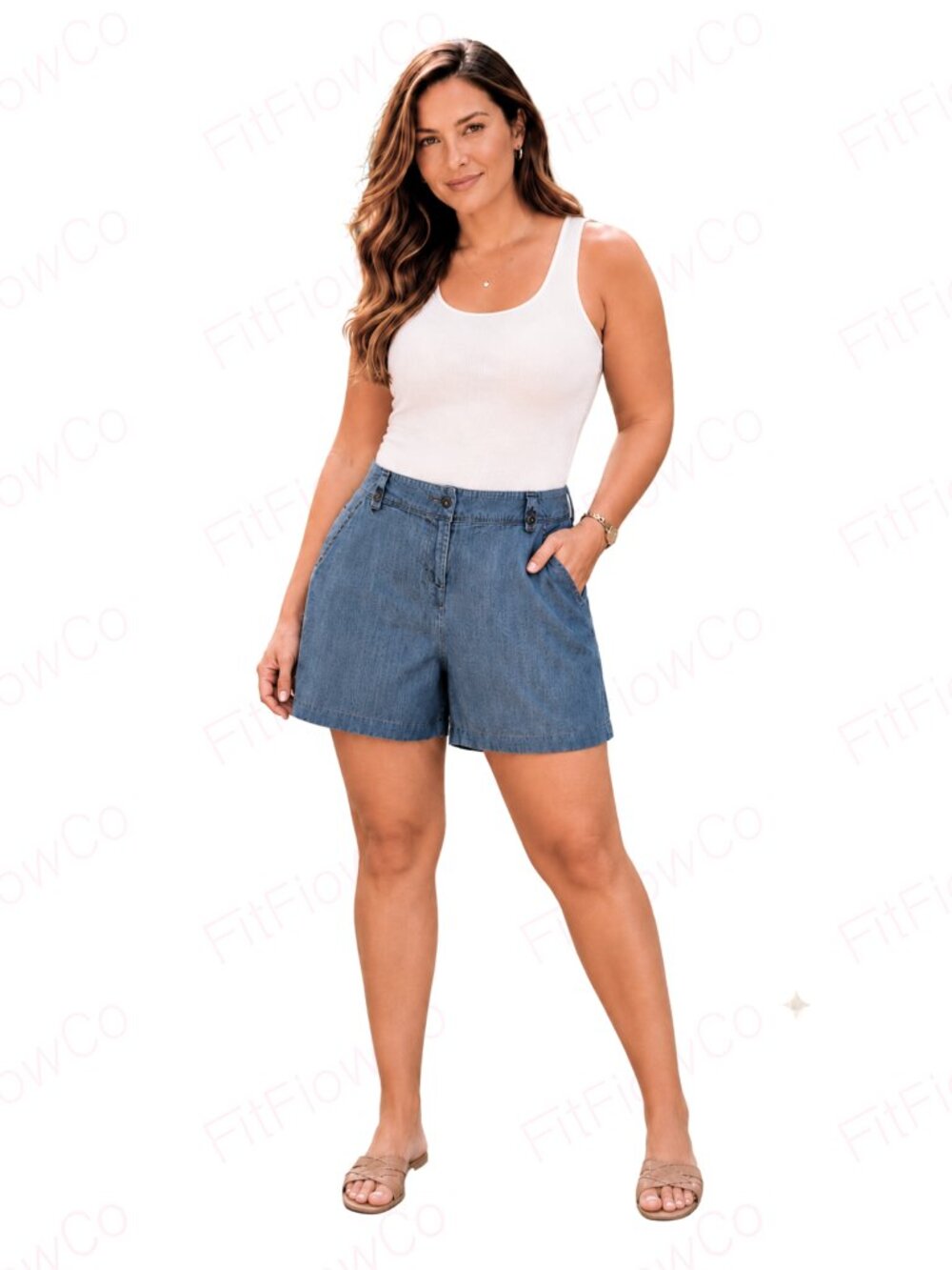 Isaac Mizrahi New York Blue Chambray Cotton Cuffed Shorts Size 14